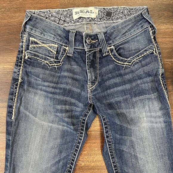 Ariat Real MR Denim Jeans Size 28S Short Low Mid Rise Bootcut Entwined Stretch - Picture 5 of 14